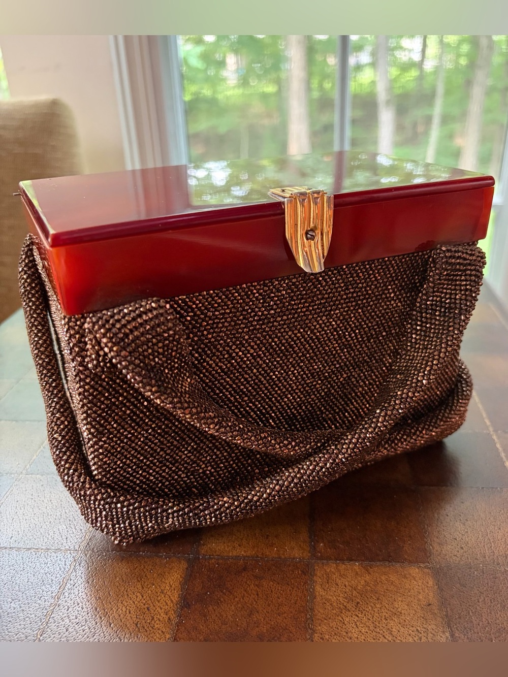1940’s Antique Vintage Beaded Brown Top-Handle Evening Bag with Gold Clasp - Picture 5 of 12